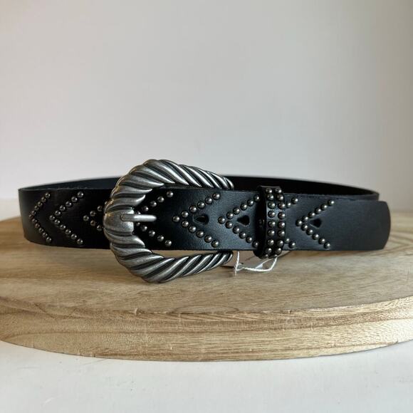 MW Black Genuine Leather Silver Studded Chunky Buckle Belt Size Small NEW - Picture 10 of 11
